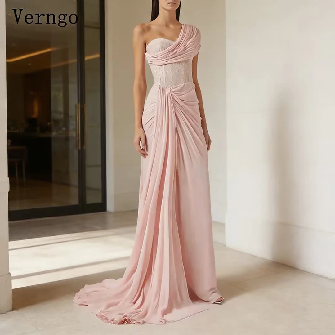 Verngo Light Pink Chiffon Formal Occasion Dress One Shoulder A Line Prom Gowns Women Elegant Pleat Party Dress Customized