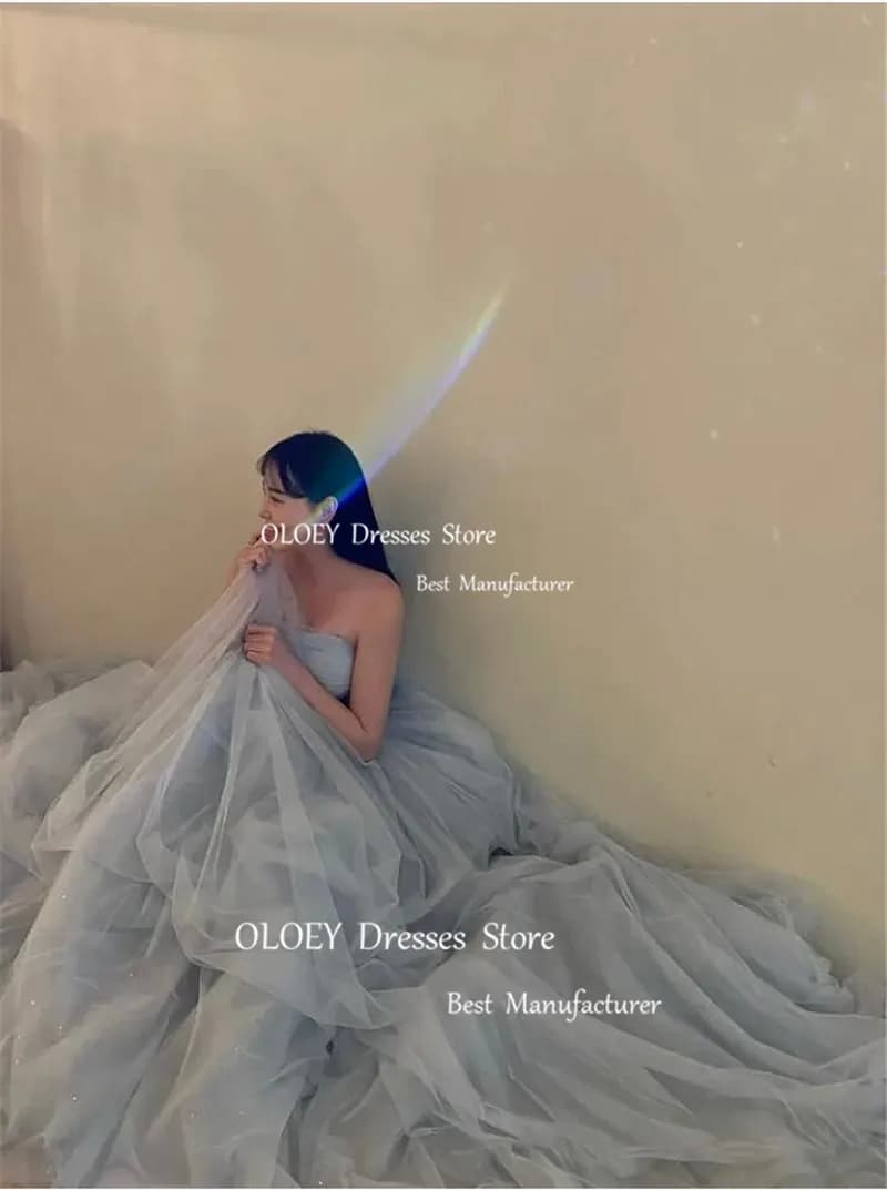 OLOEY Simple Sparkly Dusty Blue Tulle Korea Wedding Dresses Photoshoot Strapless Glitter Fairy Evening Gowns Formal Party Dress