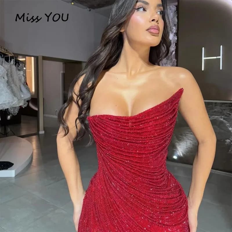 Customized Prom Dresses Red Beading A-line Strapless Backless Side Slit robes de soirée Party Dresses Floor-Length  2025
