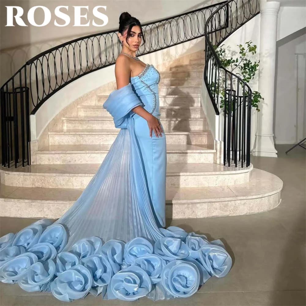 ROSES Sky Blue Party Dress with Sequin Beaded 3D Flower  Mermaid Night Dress with Pleats Off Shoulder Celebrity Dress Customized