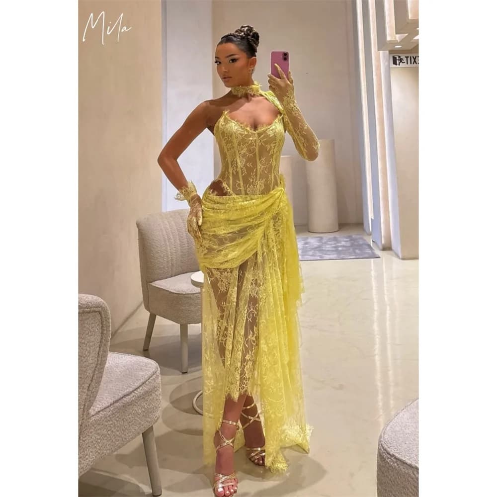 Mila Yellow Halter Neck Wedding Party Dress Customized Long Sleeve Sexy Lace Evening Dresses Chic Mermaid vestidos de fiesta