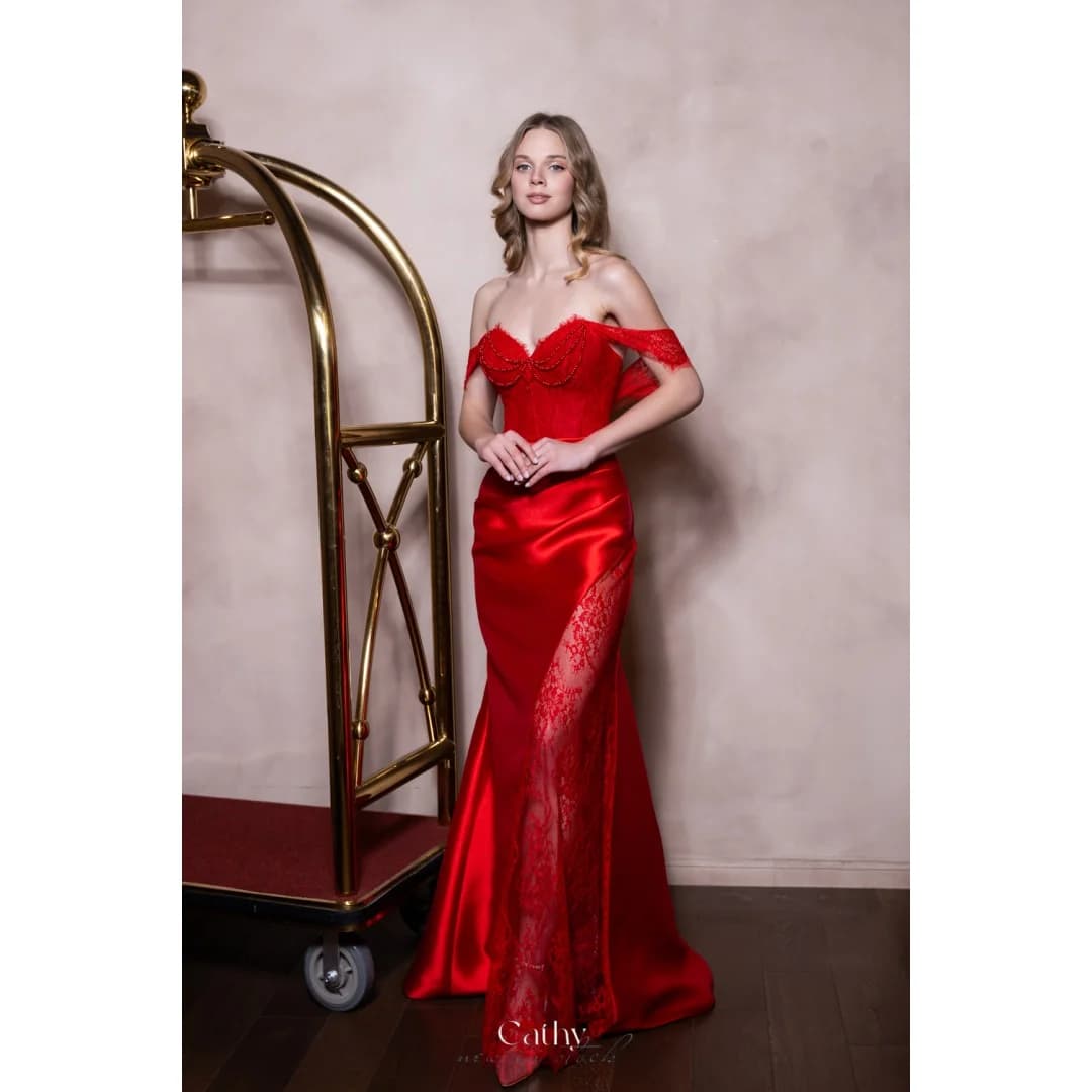 Cathy Customized Red Off Shoulder Mermaid Prom Dress Stain Sweetheart Neck vestidos de noche Elegant Floor-length Formal 2026