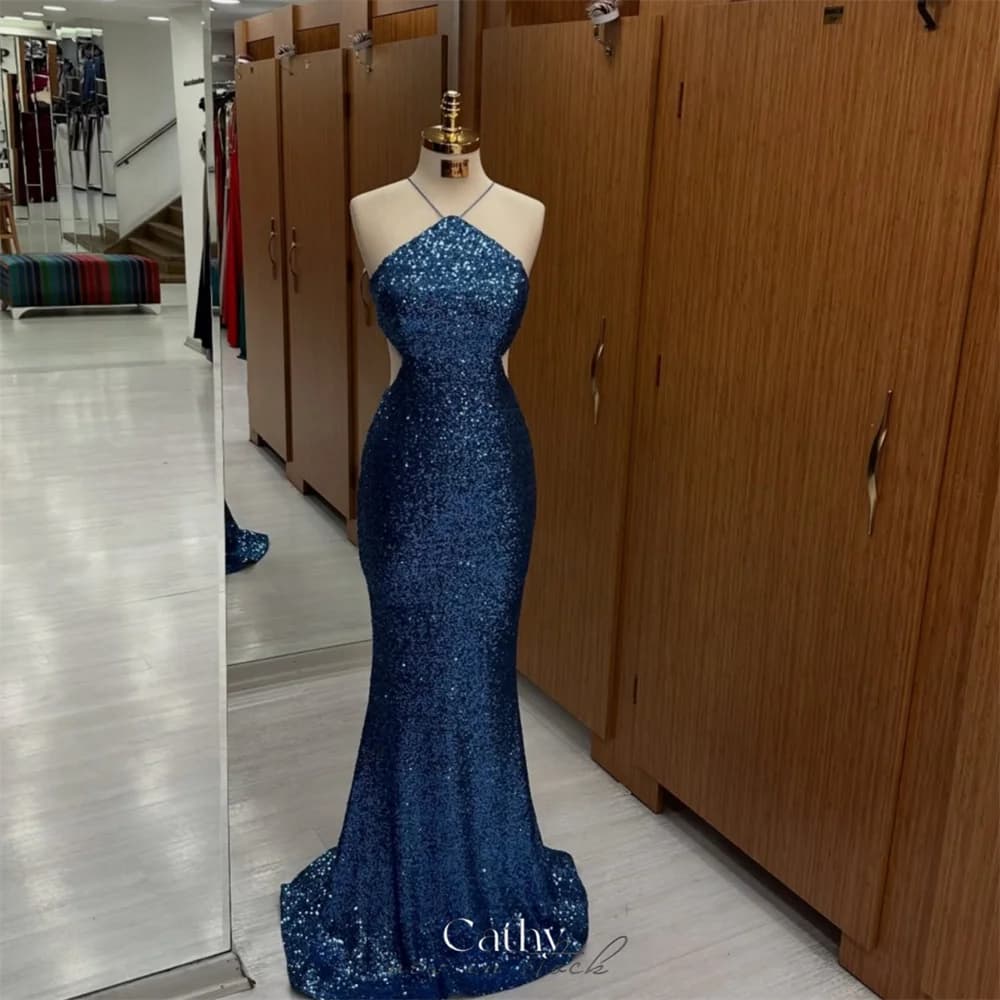 Cathy Customized Blue Mermaid Shiny Sequins Prom Dresses Lace-Up Sleeveless vestidos de noiva Luxury Floor-Length Formal Evening