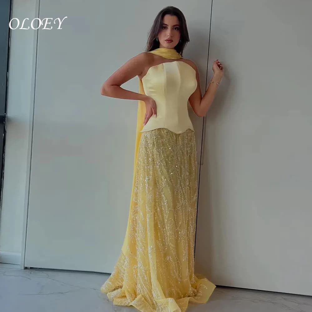 OLOEY Customized Glitter Sequined Lemon Evening Gown Strapless with Scarf A-Line Long Wedding Party Dress for Formal Occasion