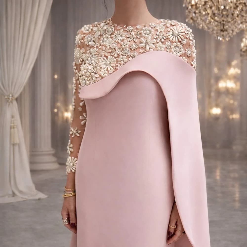 Cusotmized Women's Straight Formal Party Dresses with Luxury Pearls Long Sleeve O-neck Evening Dress Sexy Backless Prom Gowns