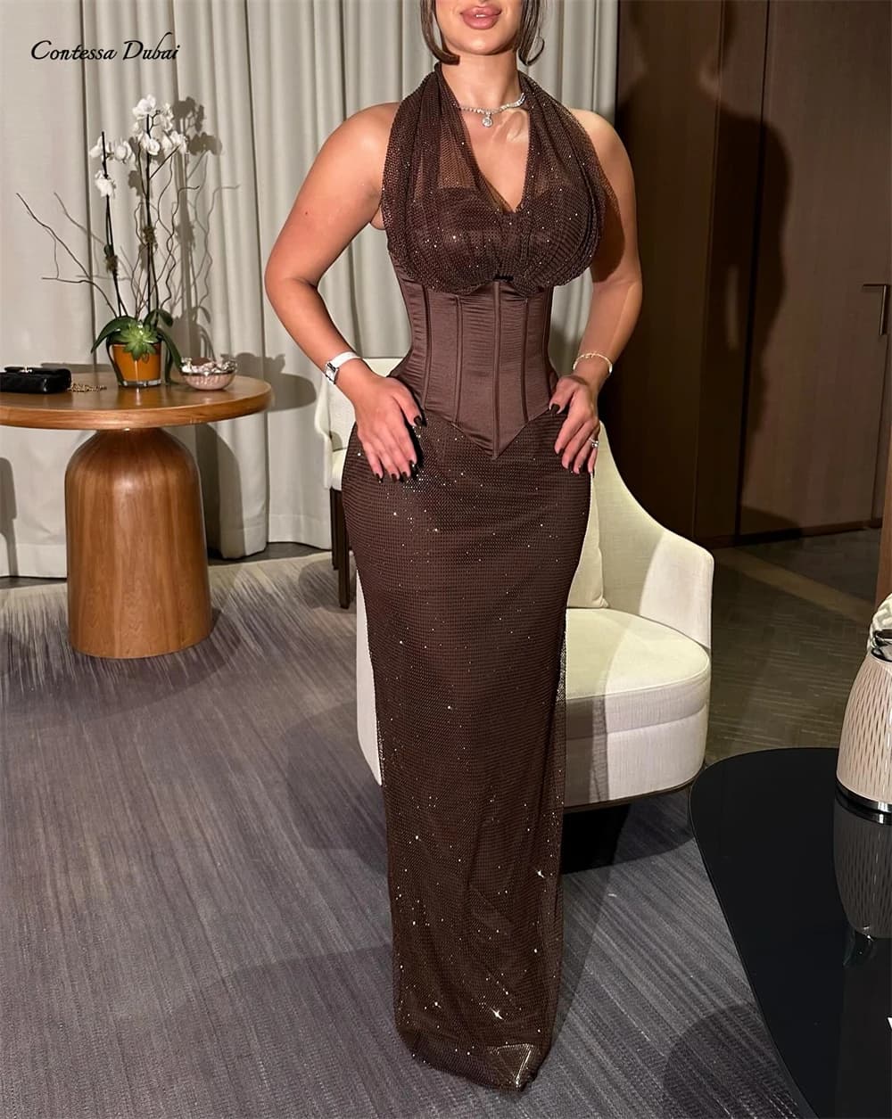 Contessa Custom evening dress sexy halter prom dress formal gown party dress glitter mesh V neck corset waist sequin maxi sheath