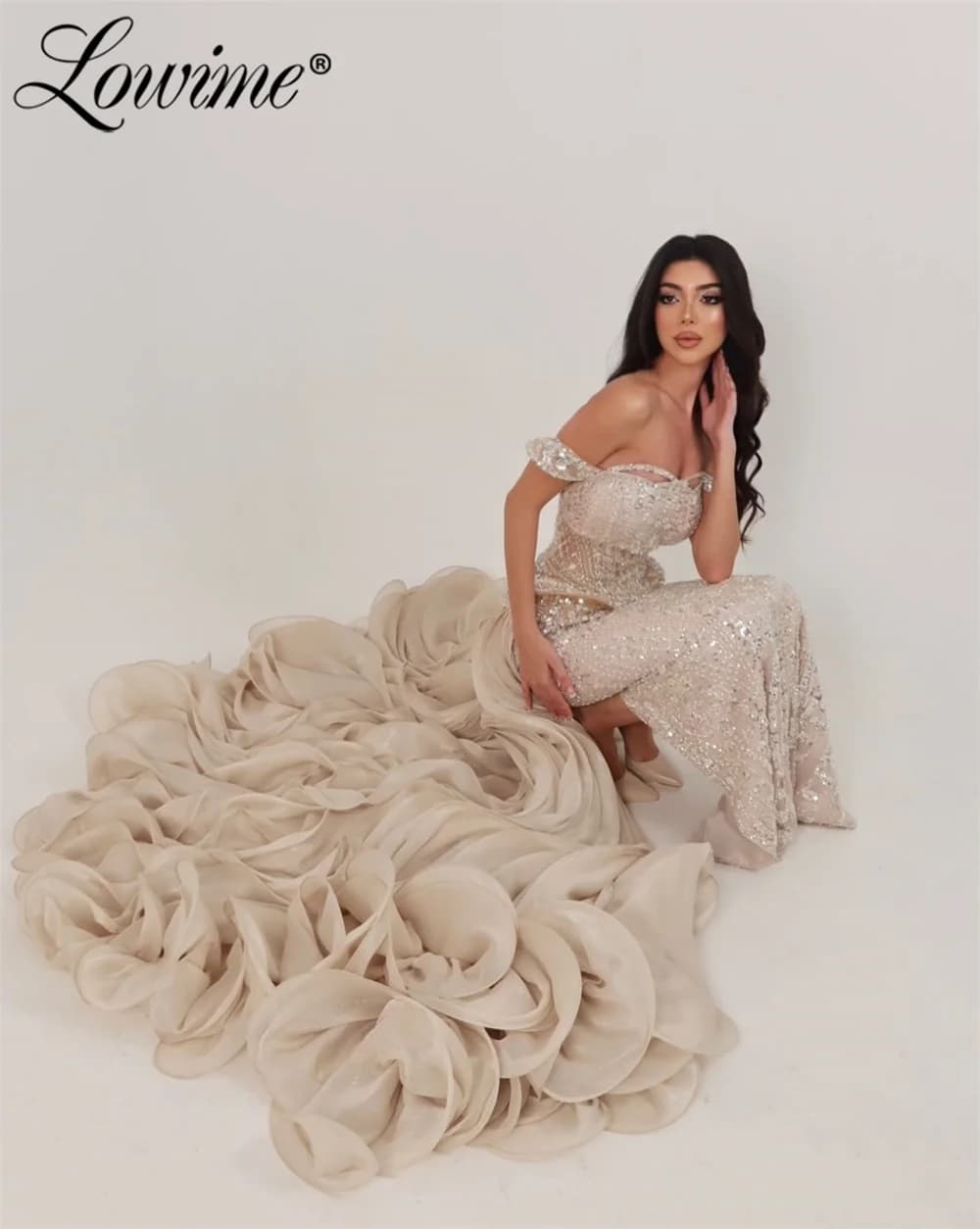 2026 Nude Champagne Beaded Mermaid Evening Dress Elegant Wedding Party Gowns For Women Long Prom Dress Ruffles Train Customized