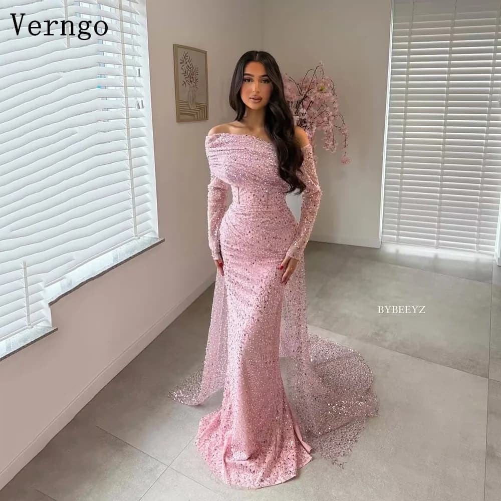Verngo Pink Sequined Evening Dress Off The Shoulder Full Sleeves Formal Occasion Dress שמלות ערב לאירועים