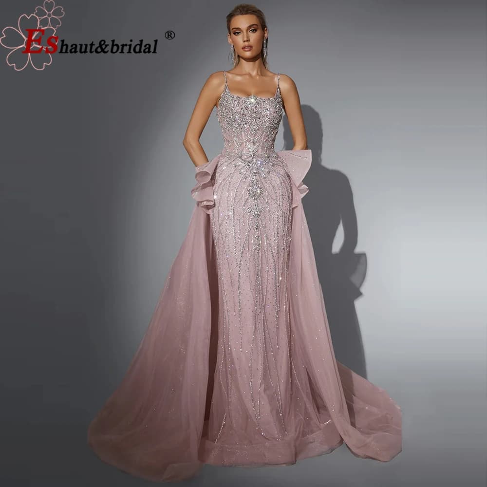 Eshaut&Bridal Luxury Beaded Mermaid Evening Dress Spaghetti Strap Detachable Overlay Formal Prom Wedding Party Gown Customized