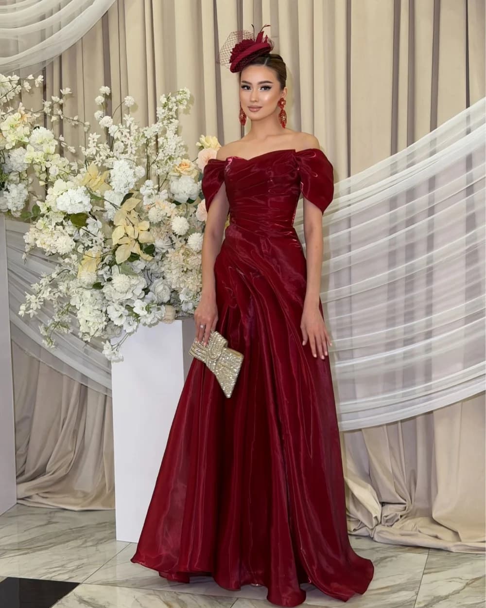 Customized Sizes Available Simple Burgundy Pleat Ruched A-line Off-the-shoulder Floor-Length Evening Dresses For Wedding Party