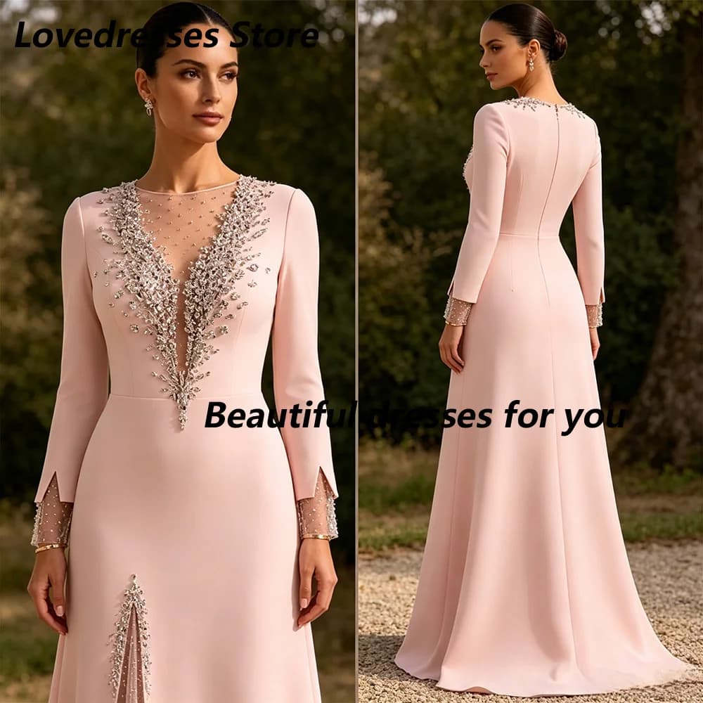 Luxury Crystal Jersey Pink Evening Dress Customized Illusion O-Neck Long Sleeves A Line Floor Length Party Dresses Prom Gown