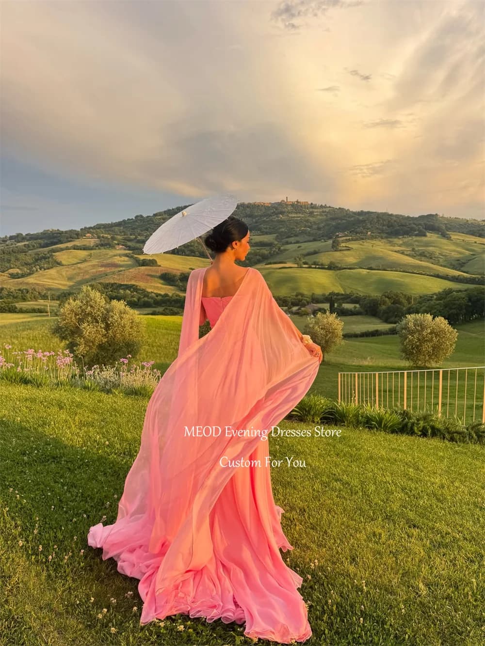 MEOD Pink Strapless A Line Formal Party Gown Sleeveless Chiffon Evening Dress Elegant Backless Ribbon Robes De Soirée Customized