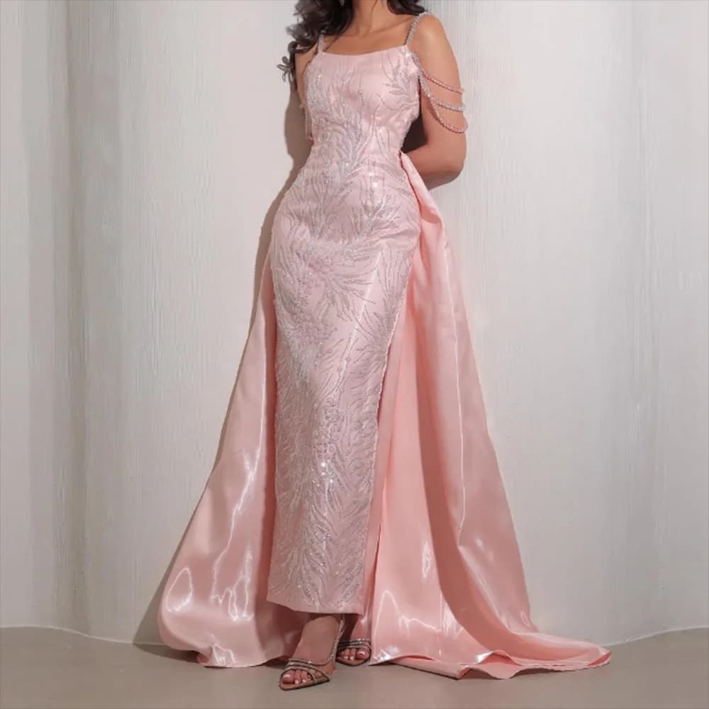 Customized square collar Formal Evening Dresses Beading Sequined Lace Appliques Long Prom Gown detachable Train Party Dress