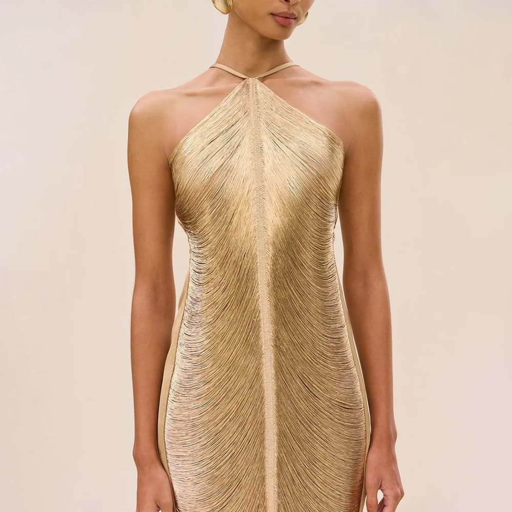 Sexy Evening Dresses Luxury Sleeveless Halter Neck Open Back Prom Gowns Golden Formal Dresses for Cocktail Banquet Party