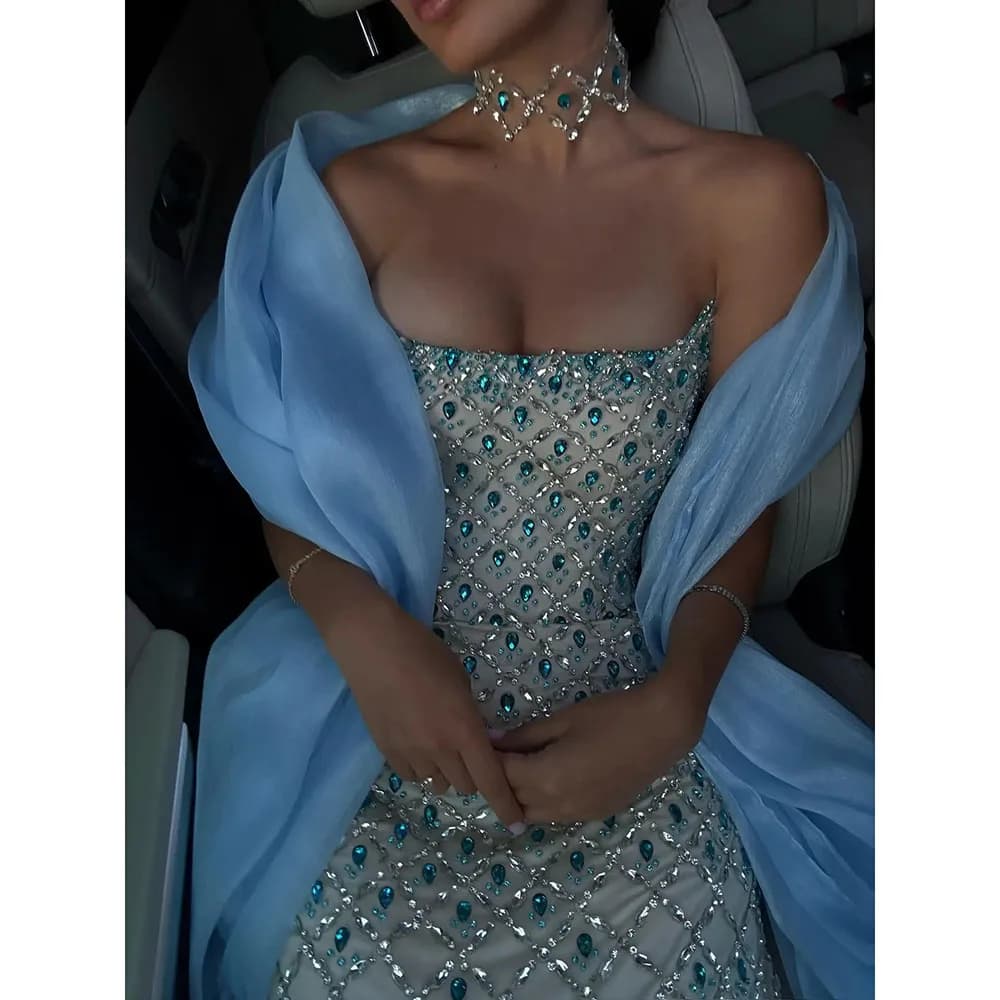 ROSEINTHEBOX Exquisite Crystals Beaded Mermaid Evening Dresses with Light Blue Chiffon Shawl Long Prom Dress 2026 Customized