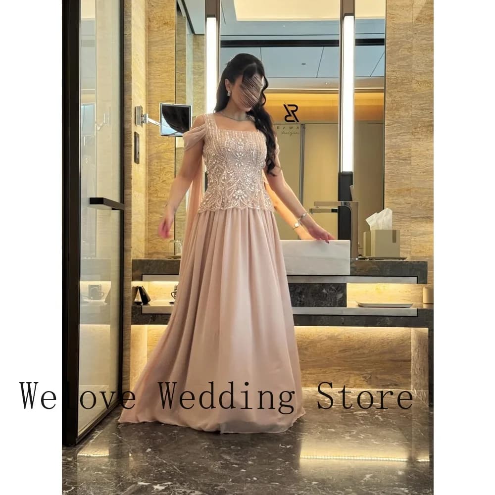 Blush Pink Formal Evening Gown with Off-the-Shoulder Neckline Beaded Bodice Chiffon Skirt and for Prom and Bridesmaid Events
