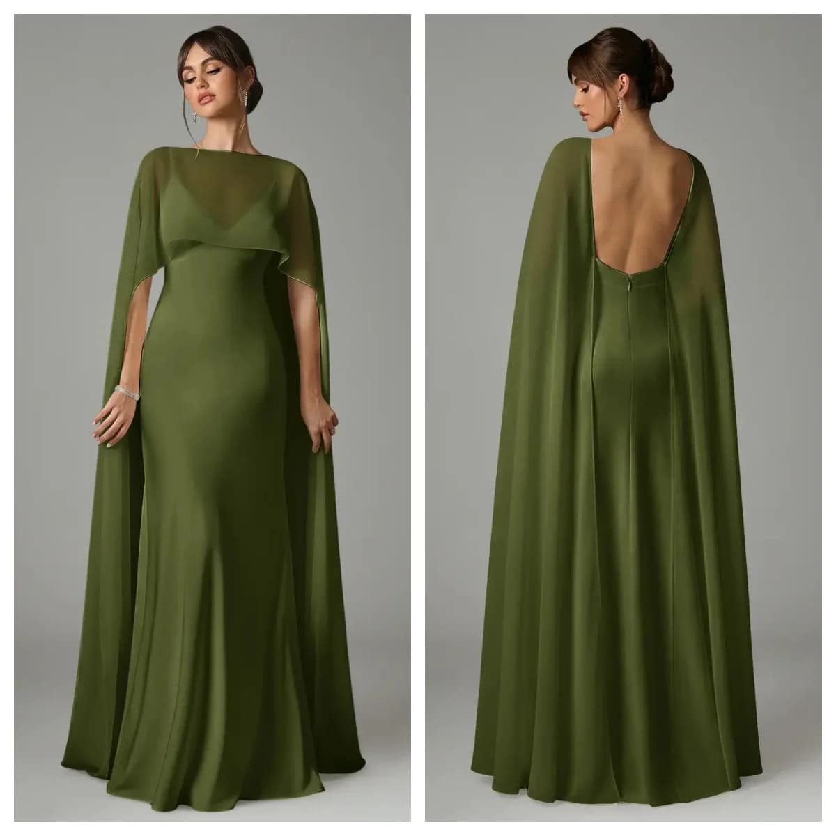 2-Piece Set Women's Evening Gown Green Best Seller Detachable Shawl Strappy Dress Mermaid Style Chiffon