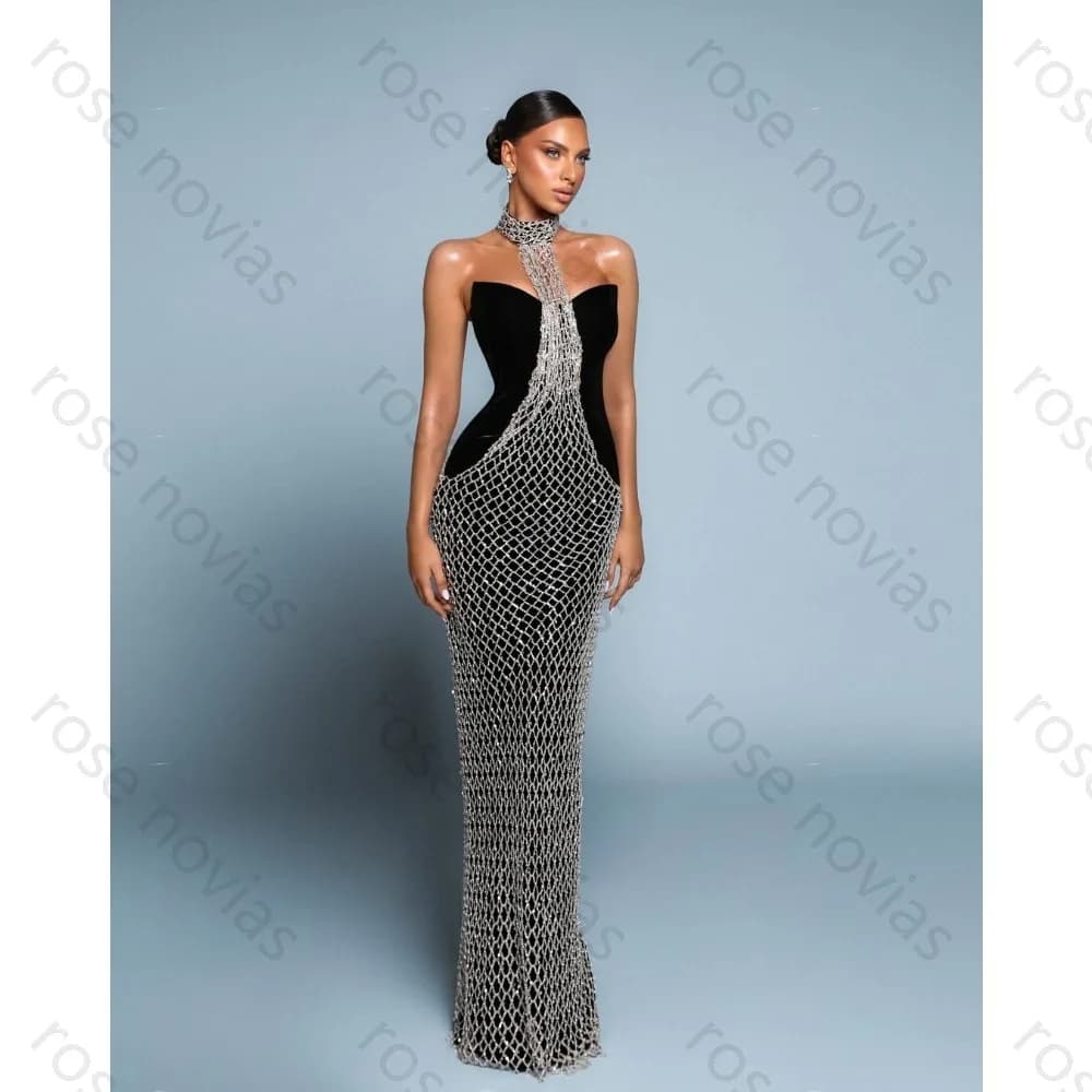 Customized Black and Silver Formal Evening Gown with Halter Neck Velvet and Rhinestone Mesh Cutout Mermaid Silhouette for Prom