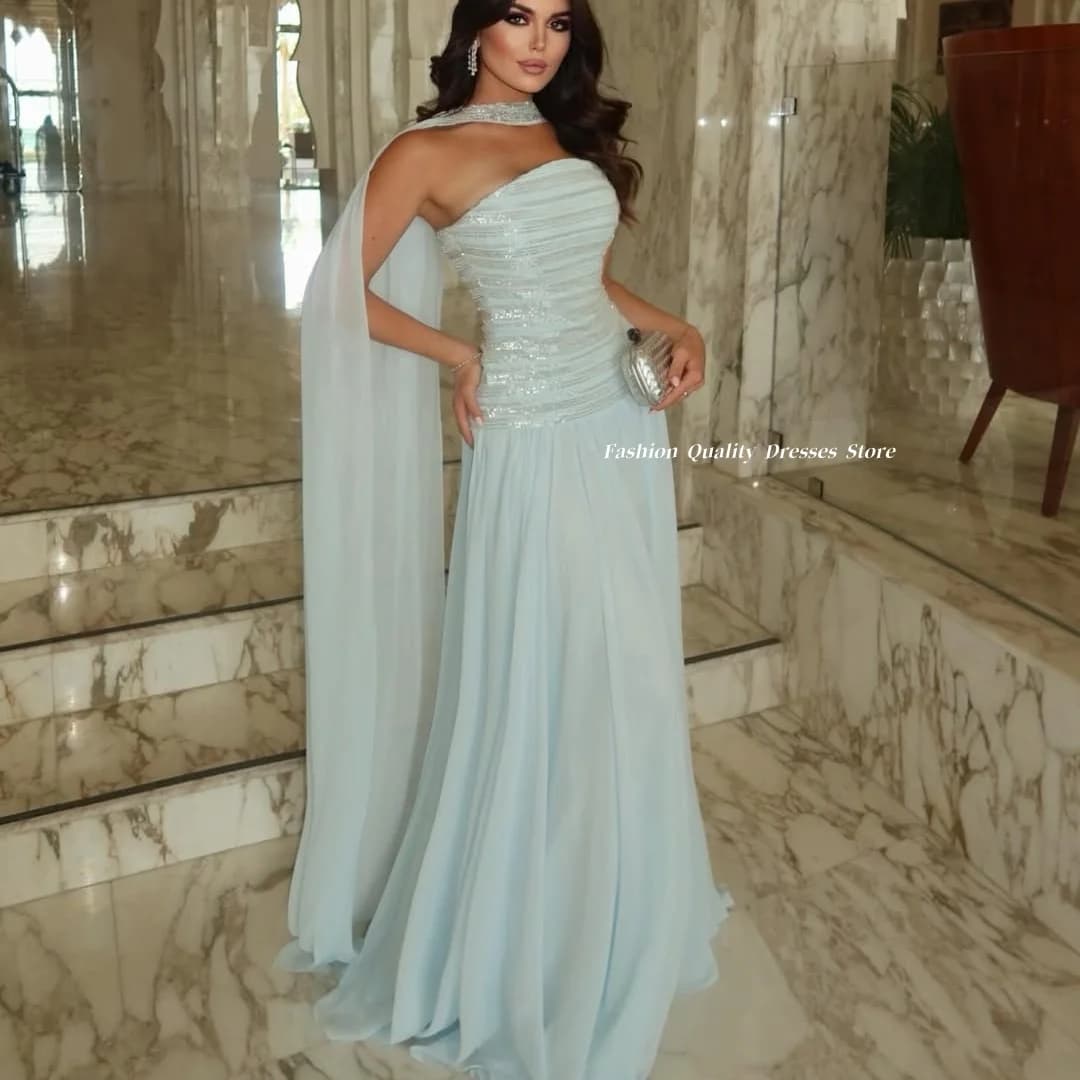 Evening Dresses 2026 Light Blue One Shoulder Beaded Chiffon A-Line Formal Prom Party Gowns with Cape for Women Customized