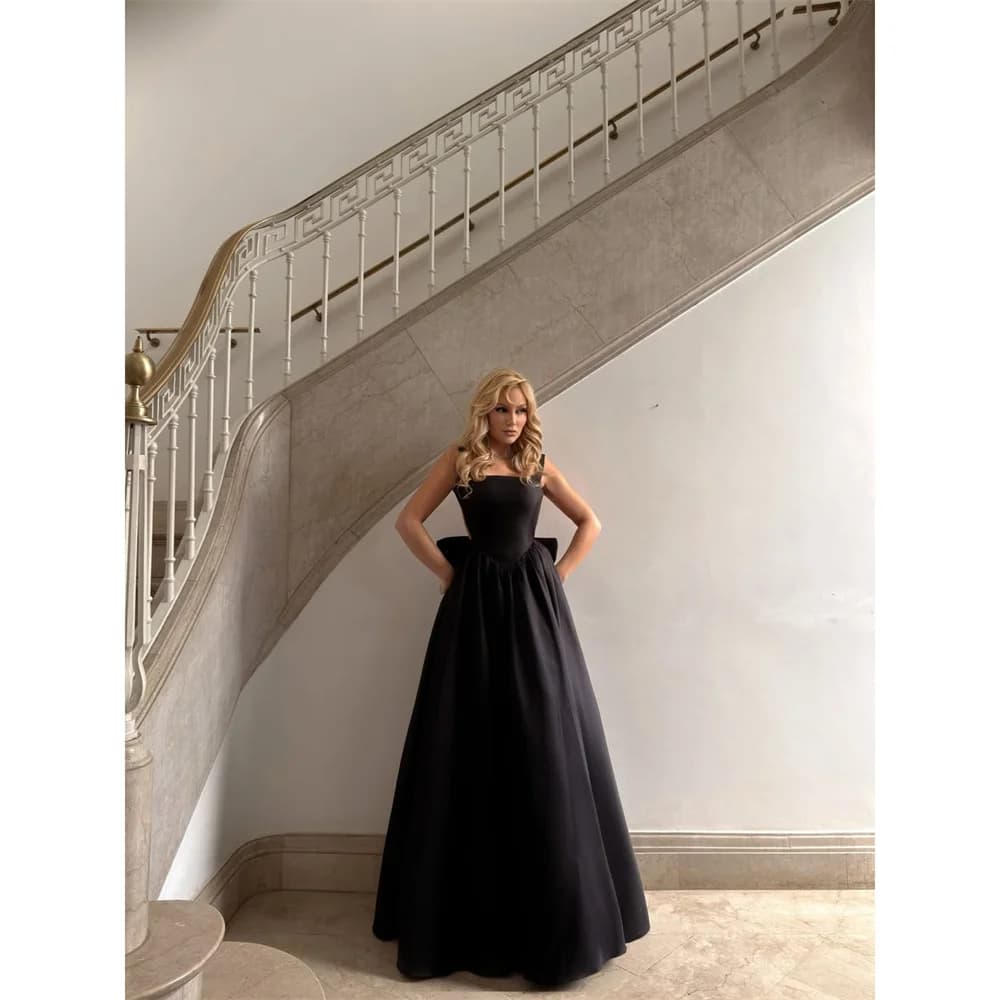 EDECPBM Satin Square Collar black A-Line Evening Dress Prom Premium Designer Beautiful Bow 2026 Customized Robes de Soirée