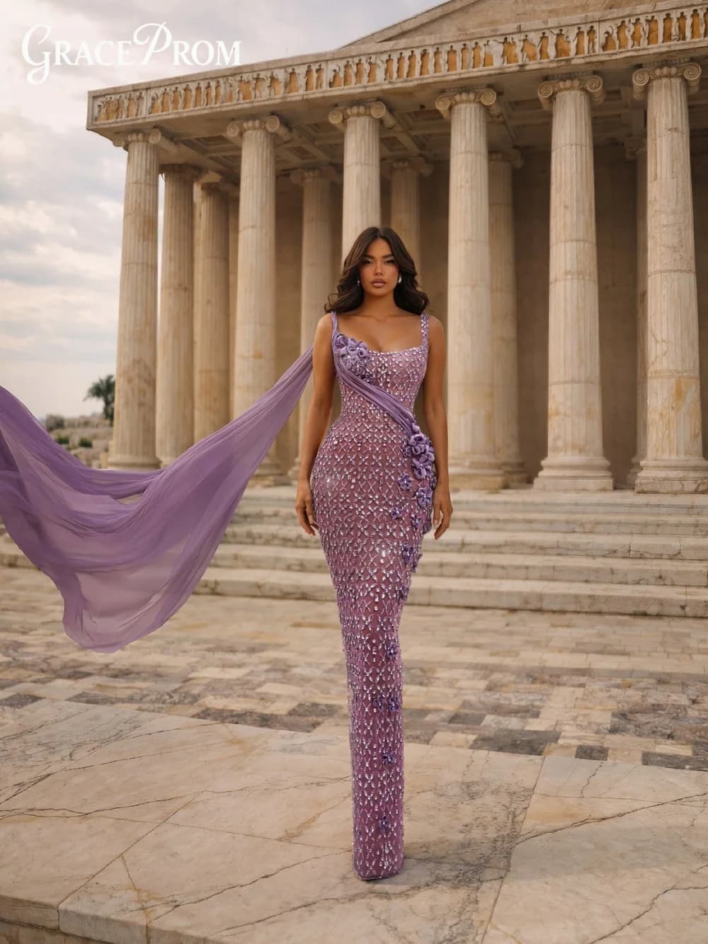 Opulent 3D Flower Beaded Rhinestone Party Dress 2026 Straps Floor Length Scarf Evening Gown Formal For Wedding Guest فساتين سهرة