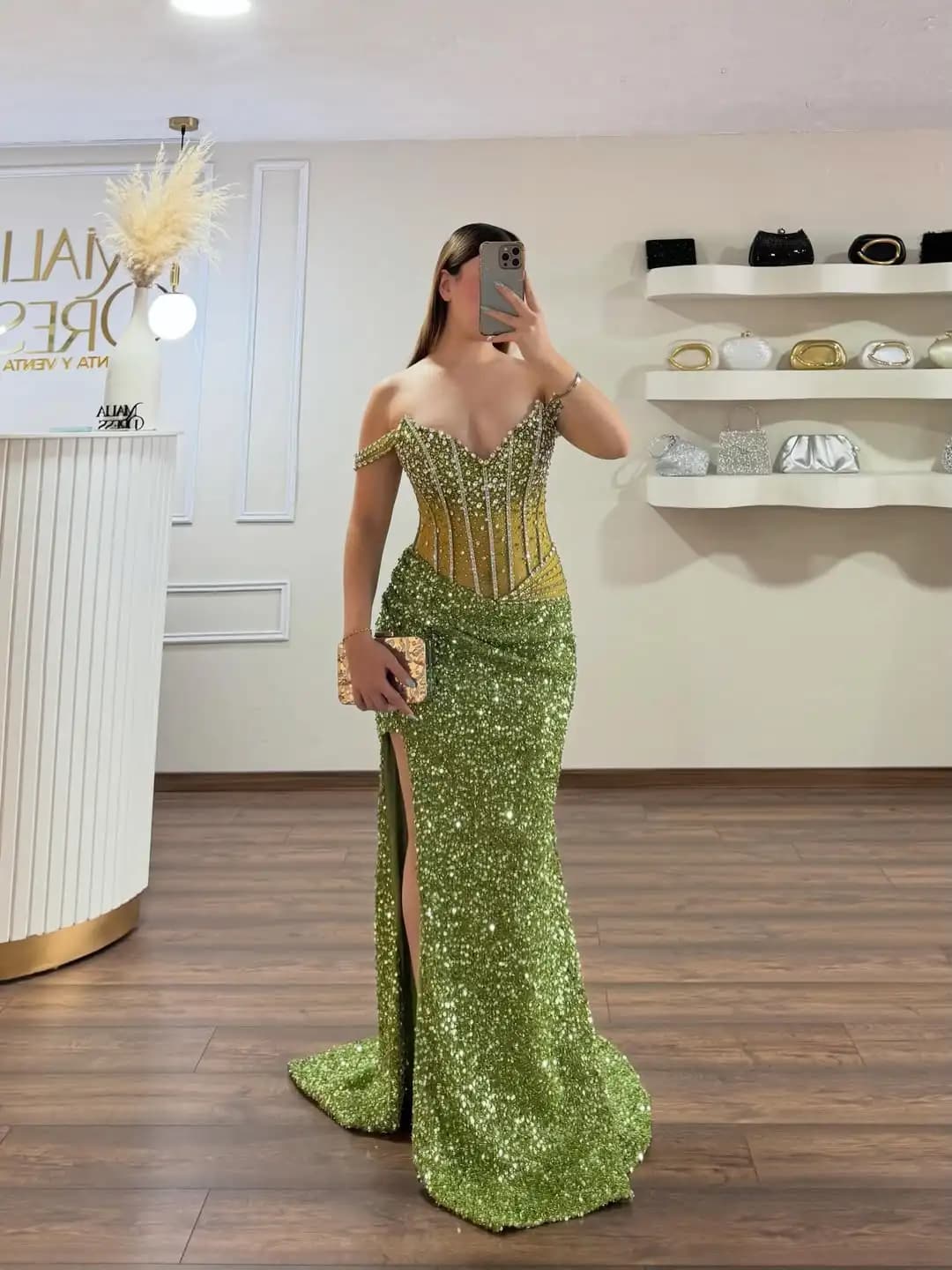 Cathy Customized Olive Green Off Shoulder Prom Dress Glitter Sequin Fabric vestidos de noche Mermaid Draped Evening Dresses 2026