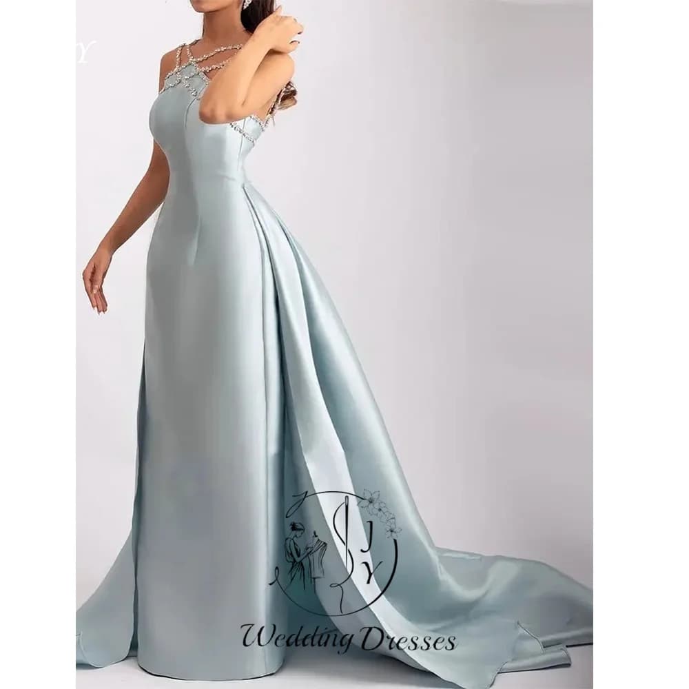 JY Luxury Light Blue Satin Evening Dress Beaded Halter Neck Mermaid Prom Gowns Sweep Train Formal Party Vestido De Noche