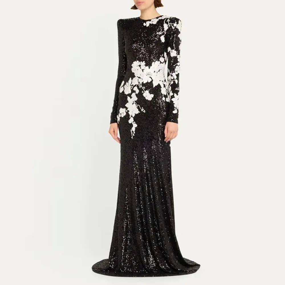 Modern Black Women's Evening Gown Mermaid Floor Length Formal Party Dress O Neck Appliques Saudi Dress Lonf SleevesProm Dress