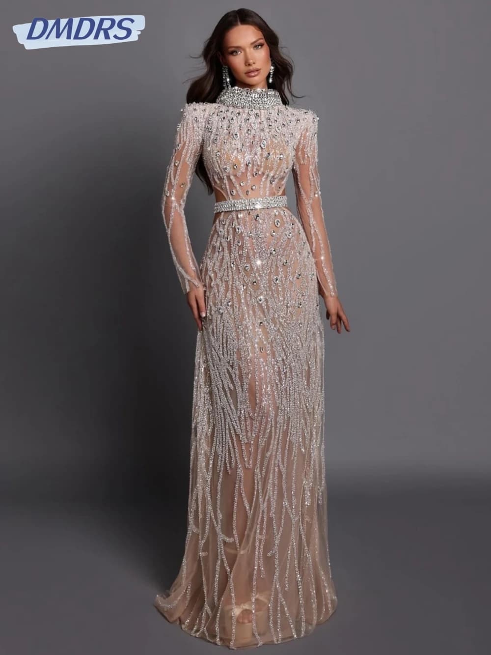 Luxury Embroidery Beaded Lace Evening Dress For Women Sparkly Crystal Long Sleeve Wedding Party Gown Customized Prom Dresses