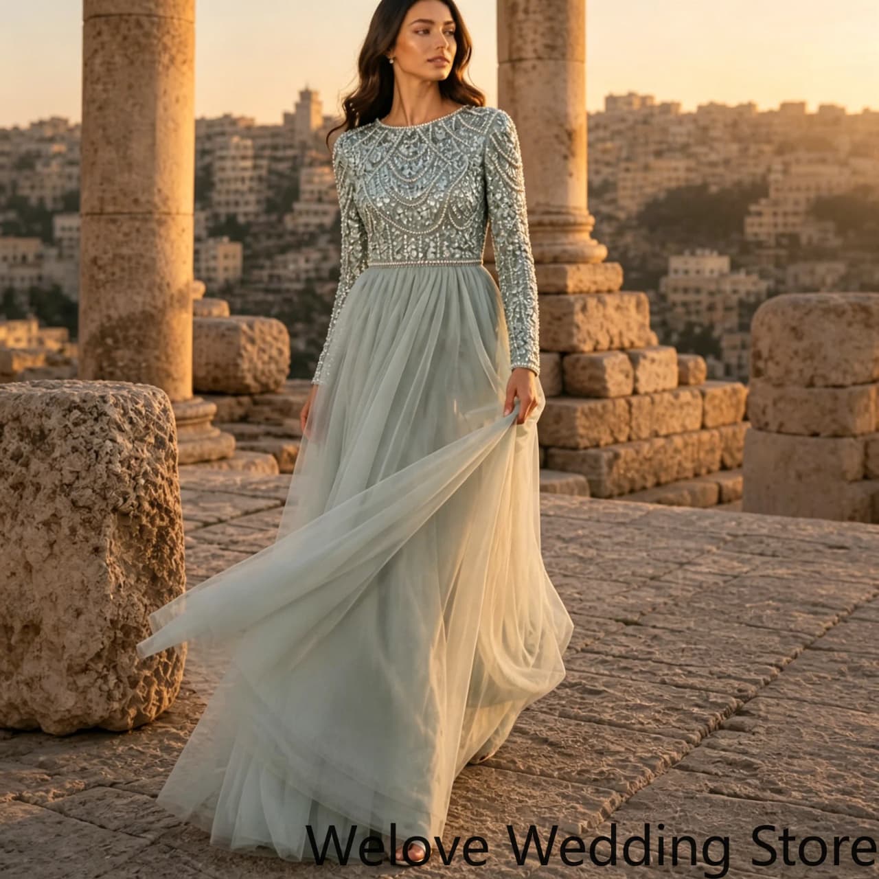 Customized Green Formal Evening Gown Featuring a Round Neck, Long Sleeves and an Intricately Beaded Bodice with Layered Patterns