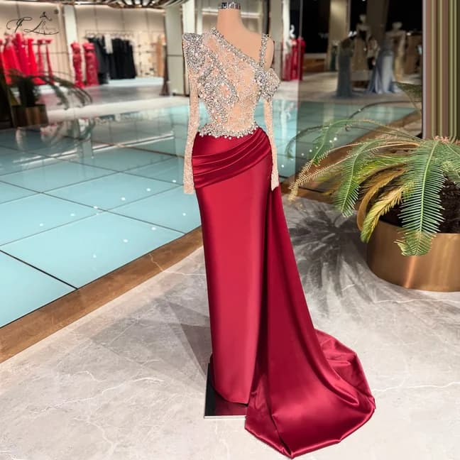 Asymmetrical Strappy Long Sleeve Evening Gown Red Mermaid Dress Pearl Rhinestone Formal Occasion Elegant Women's Banquet Dress