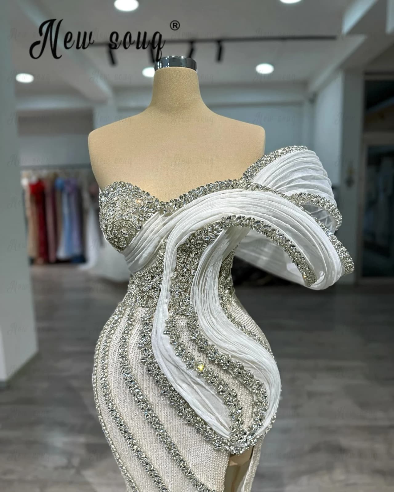 White One Shoulder Evening Dress With Heavy Silver Crystals Dubai Women Wedding Party Gown Bespoke Occasion Dresses Customized
