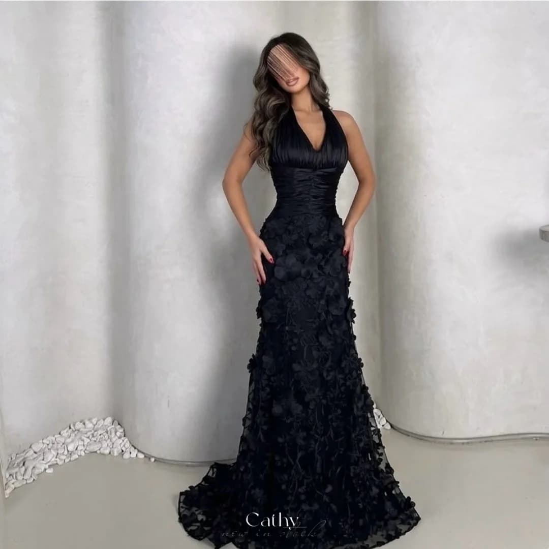 Cathy Customized Black Halter Neck Floral Prom Dress Elegant Pleated vestidos de noche Mermaid Sweep Floor-length Formal Evening