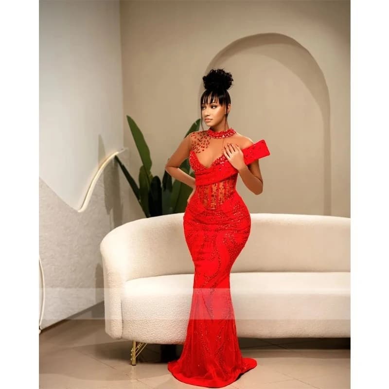 Elegant Red Aso Ebi Evening Dress Luxurious Crystal Bead Long Sleeved Ball Gown Sexy African Women's Wedding Gown Customized