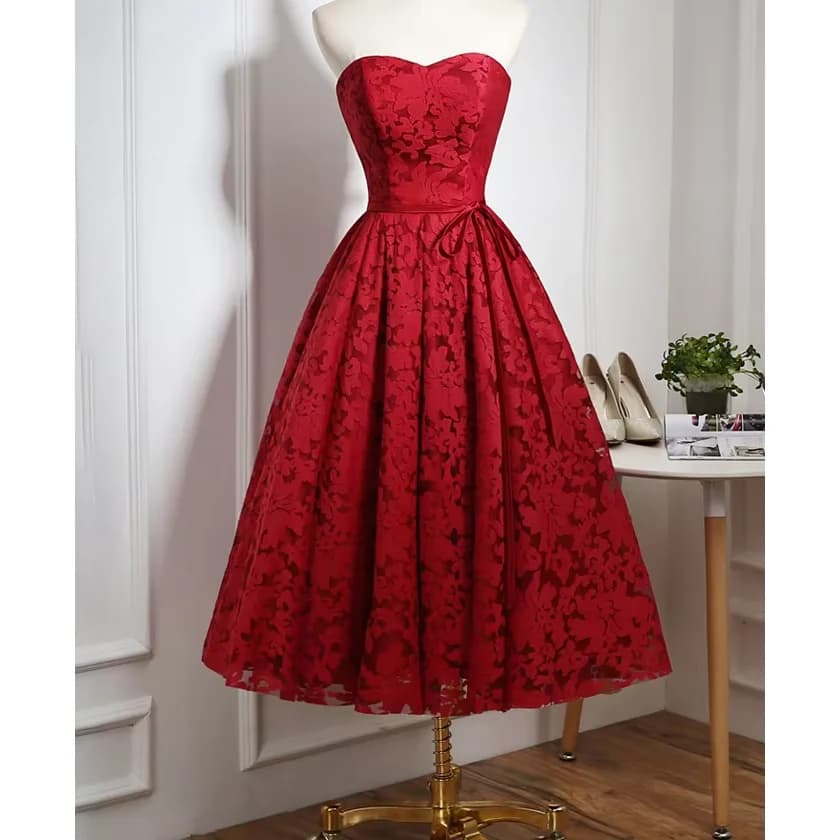 Lace Party Dresses Wine Red  Sweetheart Sleeveless Lace-up Back Tea Length Cocktail Dresses