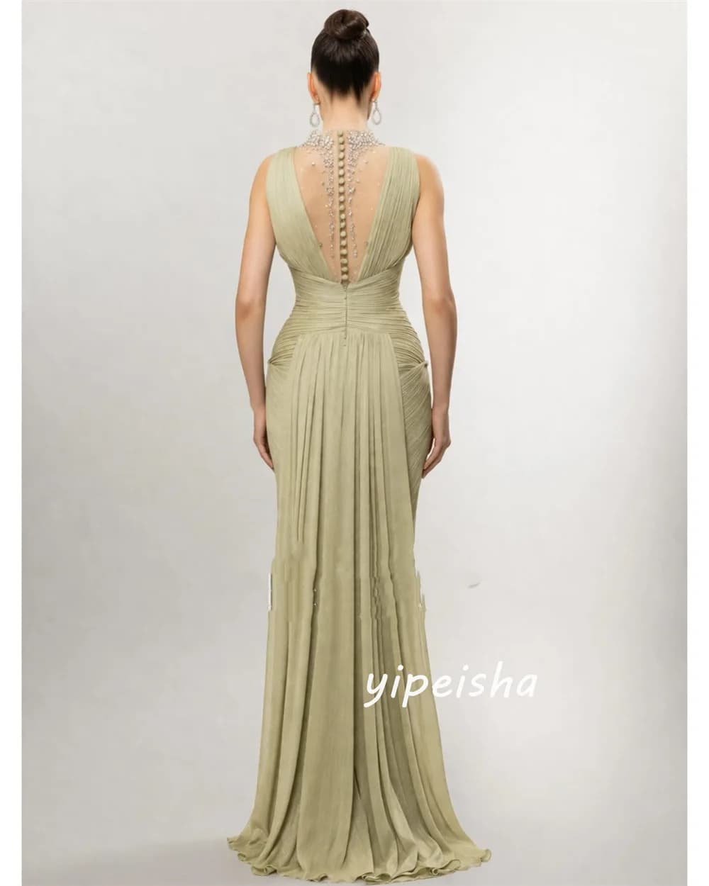 Customized Sparkle Sexy Green Pleat Draped Beading Sequined Rhinestone Mermaid High Collar Floor-Length Evening Dresses
