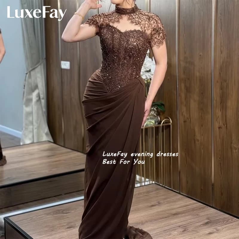 LuxeFay Customized Exquisite Brown Evening Dresses Lace Beaded Short Sleeves Party Dress Elegant Ruched Prom Gown Chic Vestidos