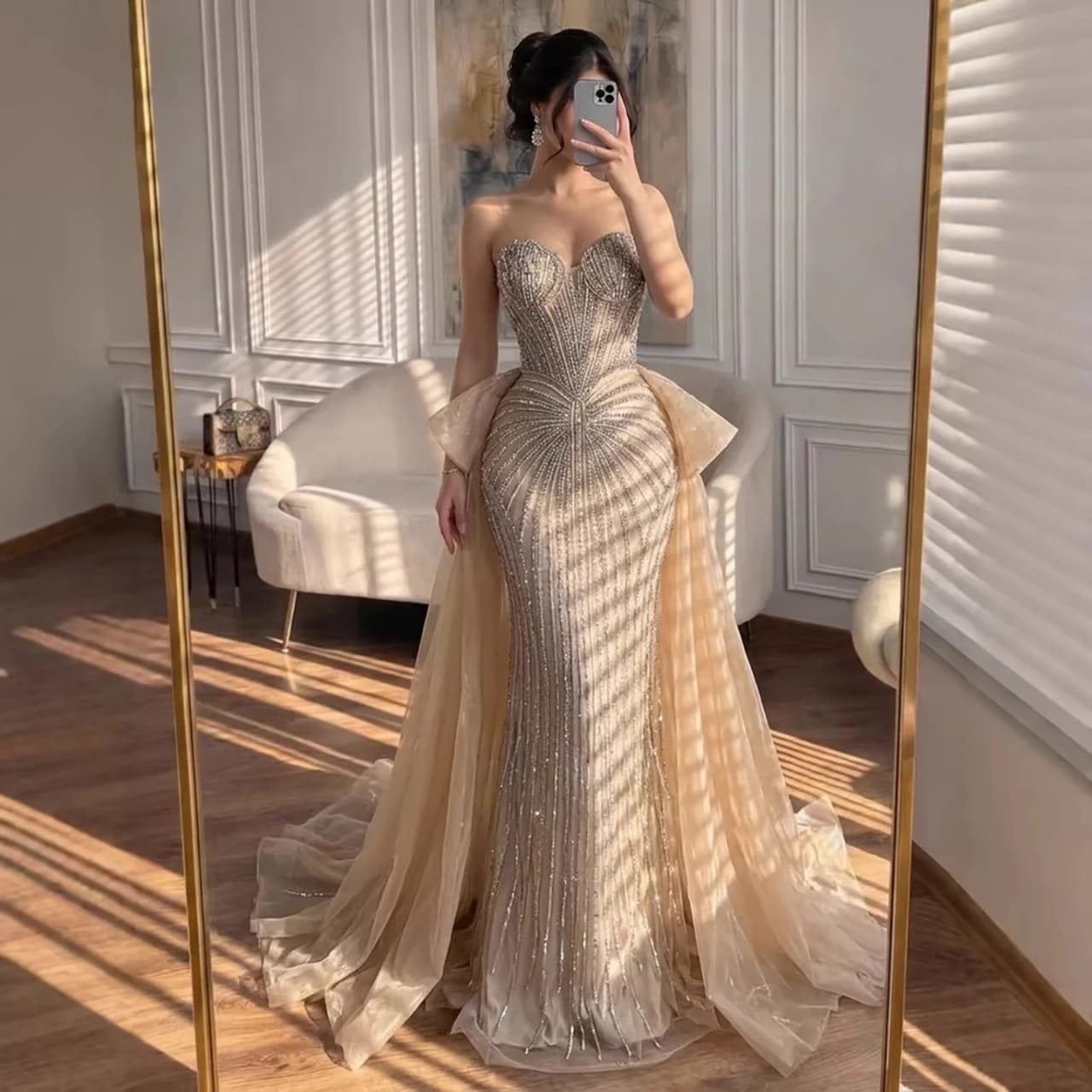 Serene Hill 2026 Luxury Nude Crystal Beaded Mermaid Evening Dress With Overskirt Formal Prom Gown LA73474 Customize