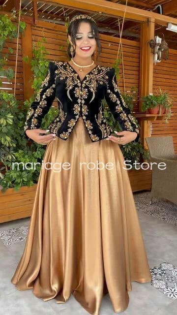 Black Champagne Caftan Evening Dress Velvet Applique Embroidery Karakou algérien Albanian Prom Outfit customsized