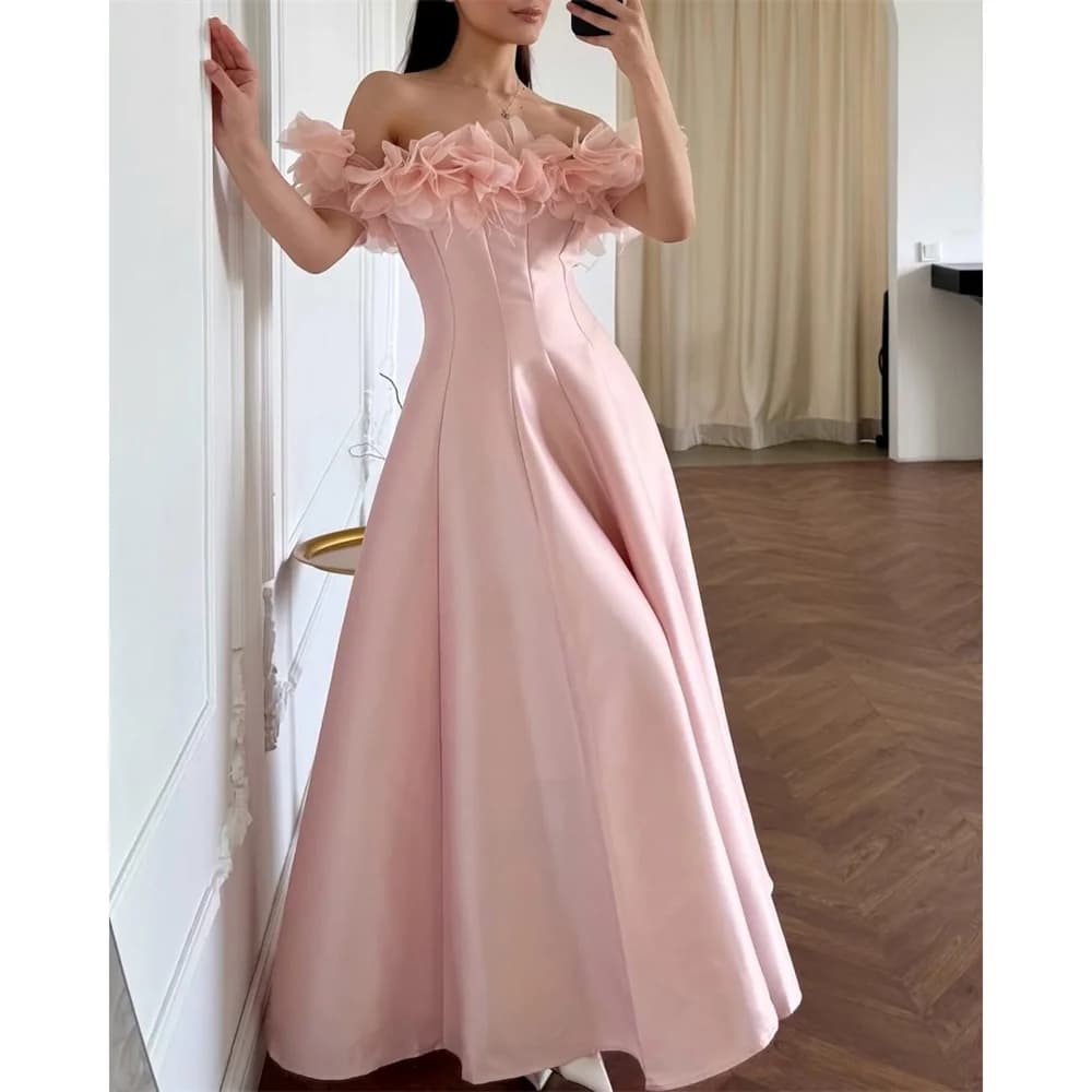 Lucy Satin Off The Shoulder pink A-Line Evening Dress Prom Tiered New Premium Designer Beautiful Ruffles 2026 Customized