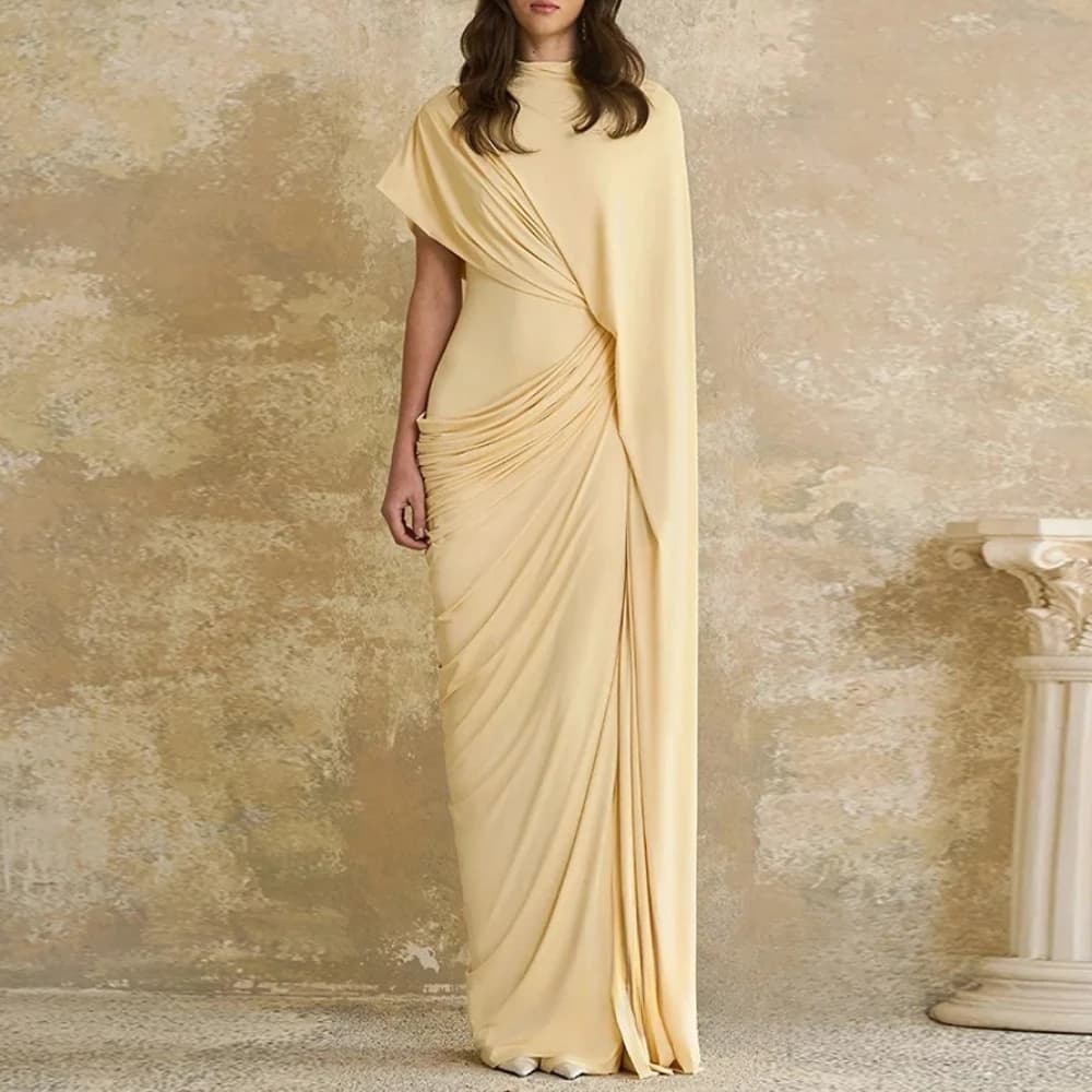 Modern Evening Dress فساتين سهره Customized Round Neck with Cape Pleat Ruched Sheath Arabian Prom Gown Formal Dresses