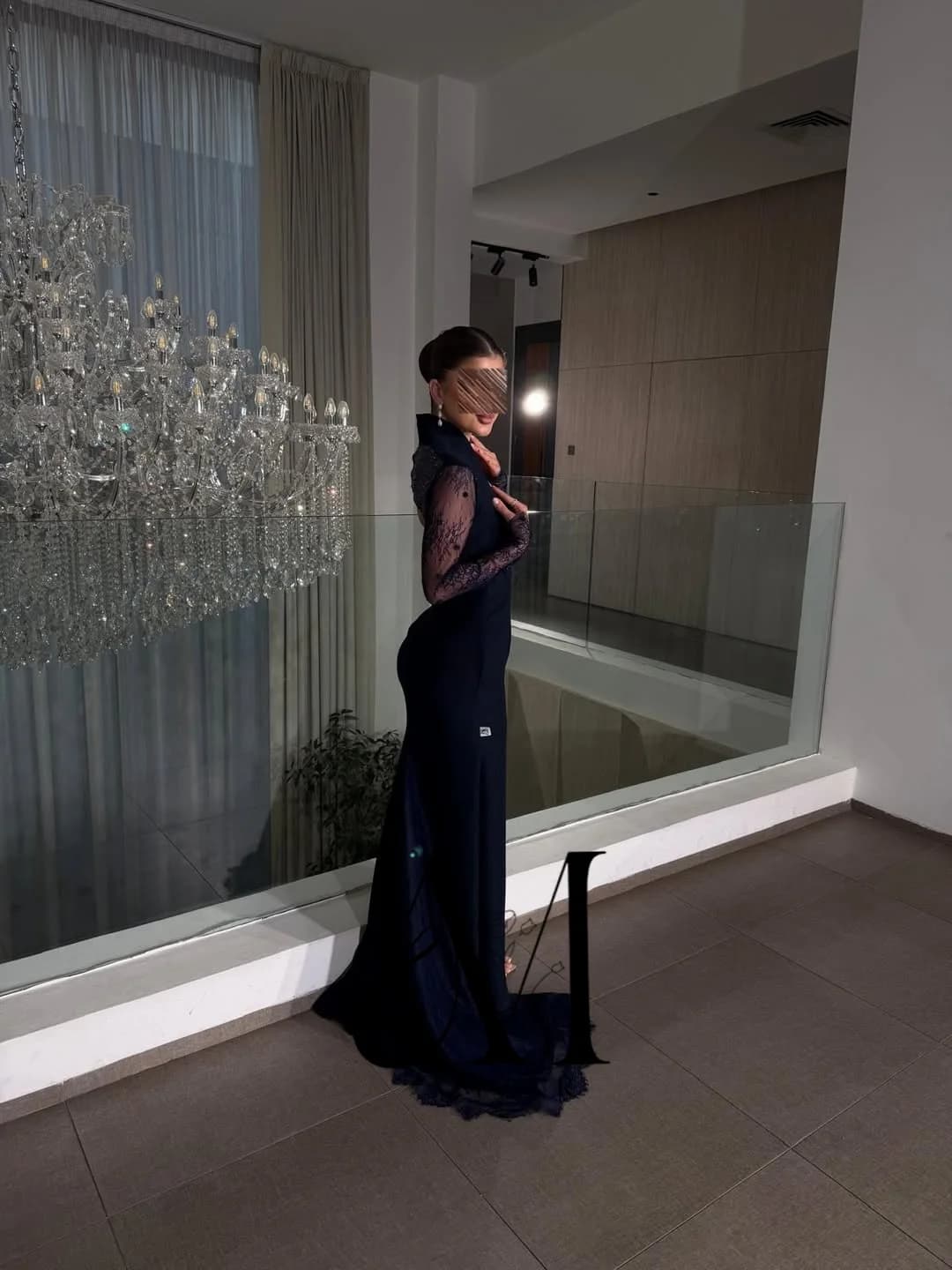 Amour Navy Blue Elegant Formal Evening Dresses Sheer Long Sleeves Floor-Length Hem Arab Party Dress Dubai Ball Gown Customized