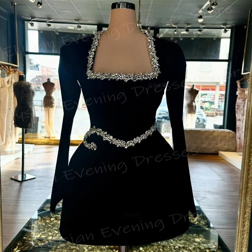Short Mini Black Women's Mermaid Customized Evening Dresses Graceful Square Neck Beaded Prom Gowns Long Sleeve Vestido De Noche