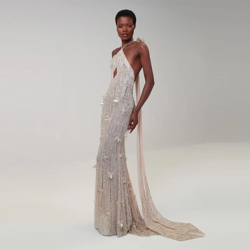 Exquisite Mermaid Evening Dress Luxury Bow Halter Crystal Customized Celebrity Gowns Delicate Tulle Bespoke Occasion Gown