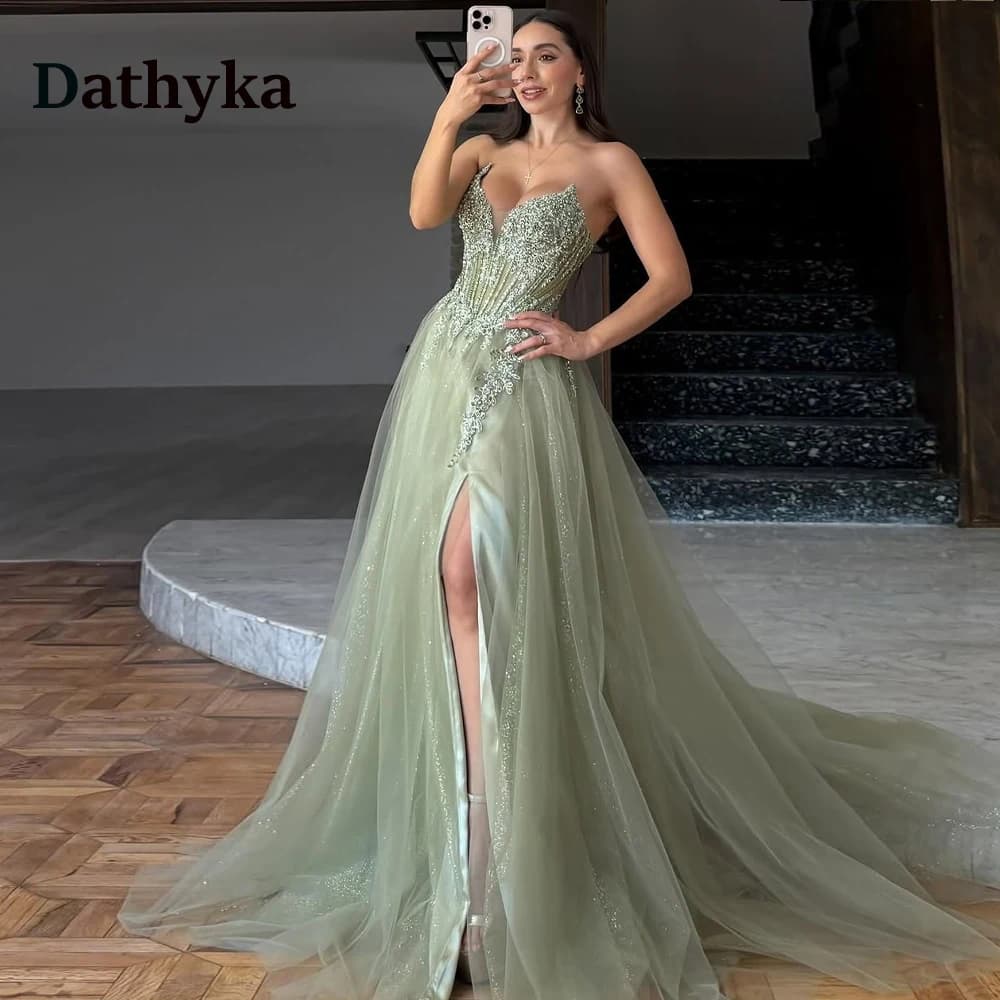 Dathyka Glamorous A-line Evening Dresses for Women Illusion Sequined Appliques Slit Corset Prom Gowns Vestido De Gala Customized