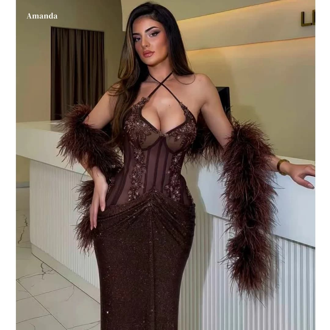Amanda Customized Brown Halter Lace Corset Prom Dress Feather Shawl Sequin Mermaid vestidos de noche Formal Evening Luxury Party