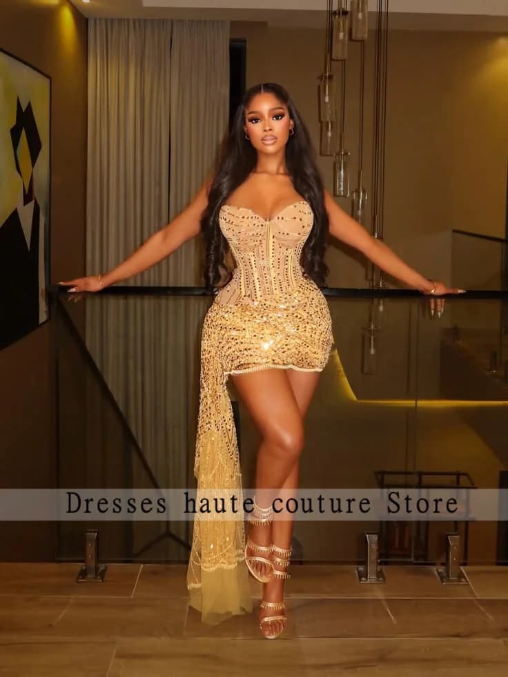 Gold Strapless Corset Sequin Beaded Mini Dress With Side Tassel For Prom Birthday Cocktail Party Club Night Formal Customized