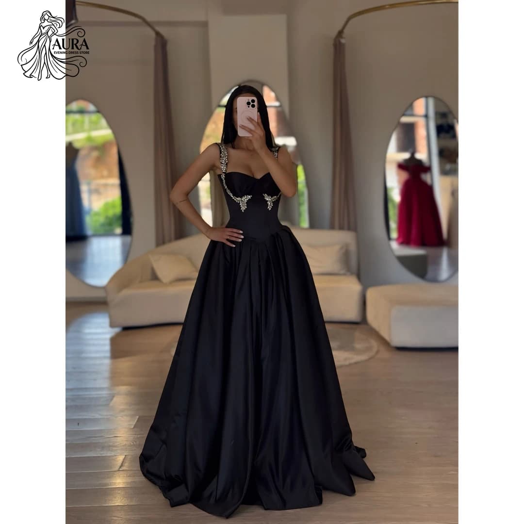 Aura Dresses Elegant Gala Evening Dress Line A Customized Beading Women's Prom Dress 2026 Black Satin Ball Gowns Formal Party
