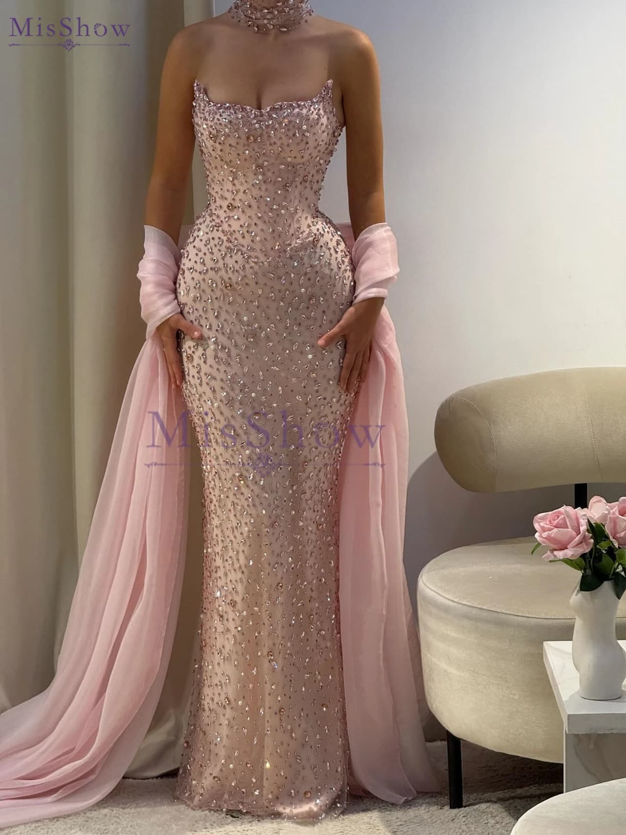 MisShow Luxury Diamond Evening Dresses Pink Crystal Beaded Strapless Mermaid Dress With Shawl Special Party Customized Vestidos