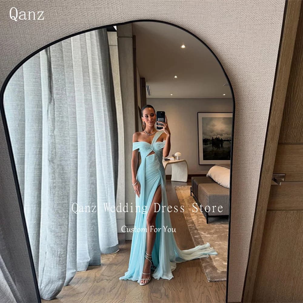 Qanz Off The Shouder Mermaid Evening Dresses High Side Slit Dresses For Wedding Guests Long Train Vestidos De Gala Customized